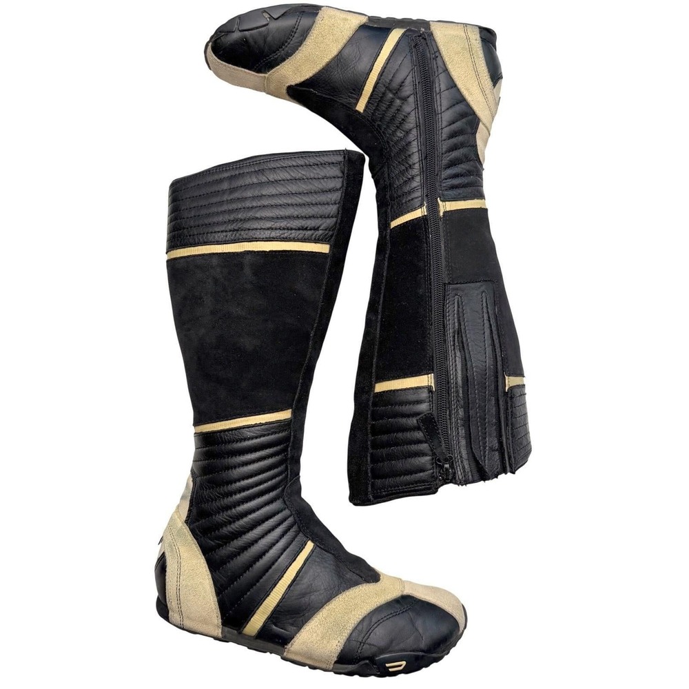 Diesel Nico Vintage Y2K Moto Racing Boots Leather Black Yellow Knee High Zip 6.5